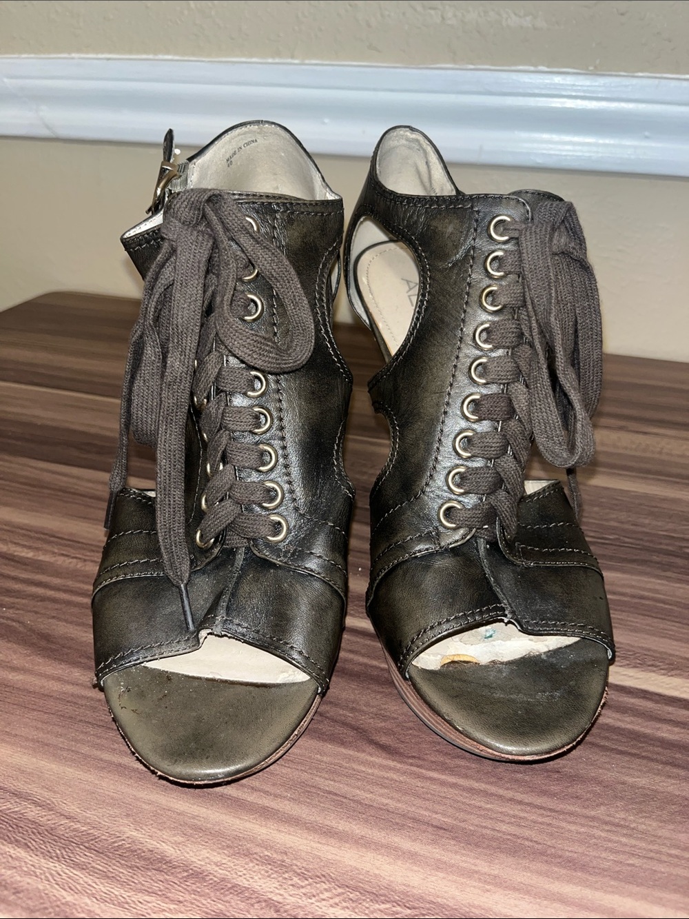 Aldo Lace-Up Peep Toe Heels in Dark Brown